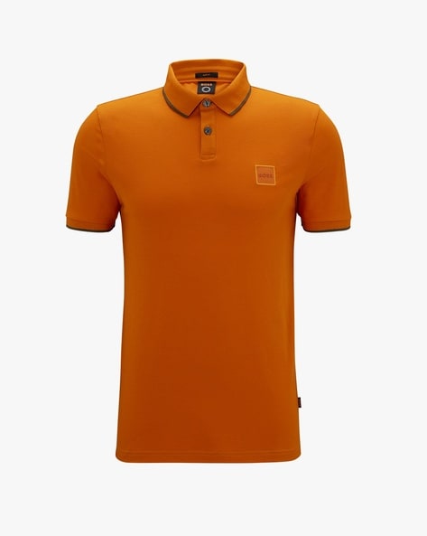 Men Cotton Patch Stretch with Buy AJIO Fit T-Shirt BOSS Logo Orange LUXE Color | Polo | Slim