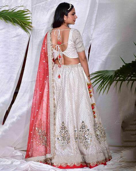 Dazzling Lace Work Net Off White and Red Lehenga Choli