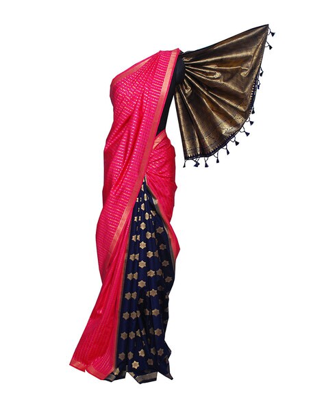 Pothys - A unique half and half saree http://bit.ly/1FMELqc with the top  half in purple velvet and the bottom in golden creamy satin. Perfect for  office parties and night events. Pothys Panagal