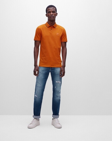 Cotton Color Orange Men | Polo AJIO Slim Logo Buy Patch BOSS T-Shirt with Fit | Stretch LUXE