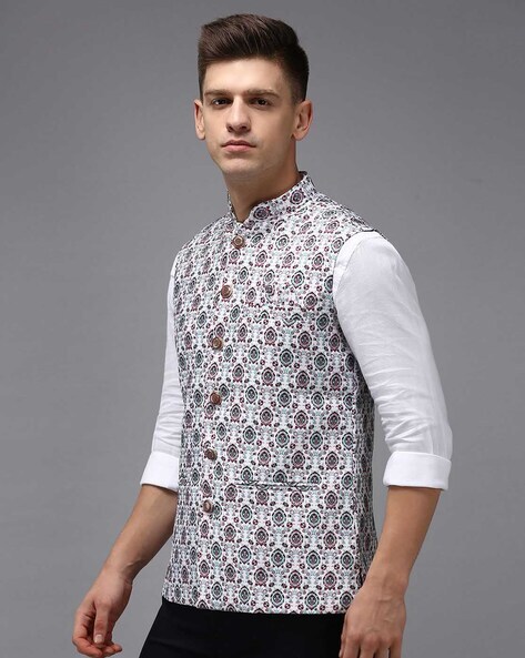 Digital Printed Cotton Nehru Jacket in Off White : MDW187