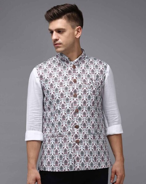 White printed sale nehru jacket