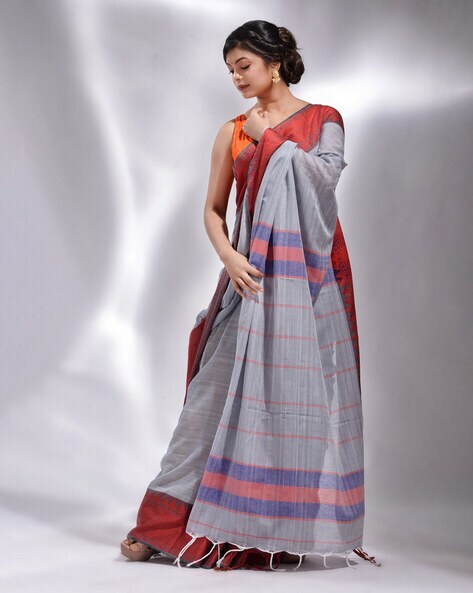 Embroidery Silk Linen Saree in Brown | Bengal Looms