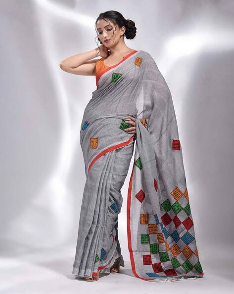 Exclusive ajrakh patch work saree with beige handloom cotton pleats –  Sujatra