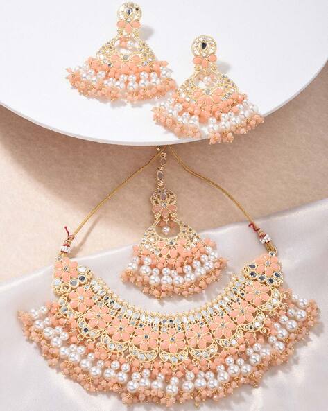 Peach kundan deals set