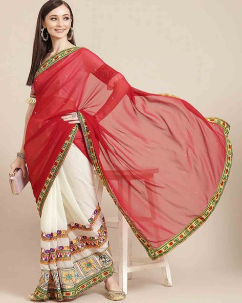 Red and White Half-Half Celebrity Saree at best price in Nagpur