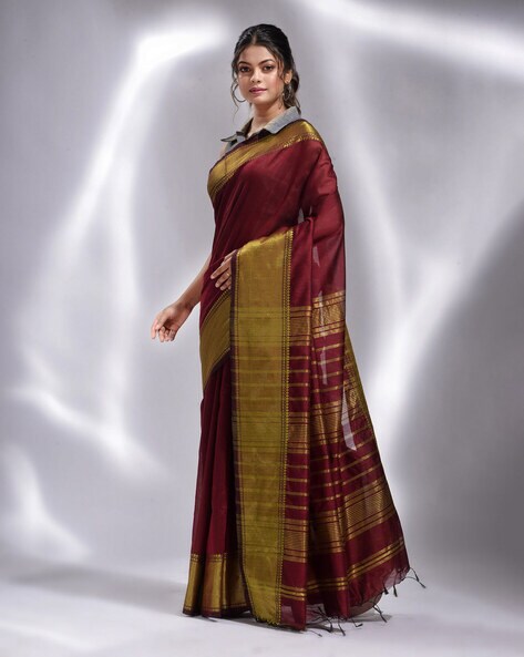 Gorgeous Nakkashi Traditional Designer Maroon Beige Handloom Silk Sari