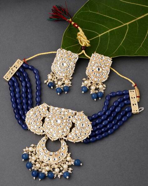 Navy and blue beaded wrap necklace set. Approximately 60