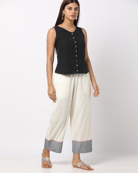 Women's Premium Semi Cotton Regular Fit Palazzo Pant with Pocket &  Embroidery Design on Bottom