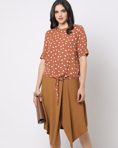 Polka-Dot Print Top with Front Tie-Up