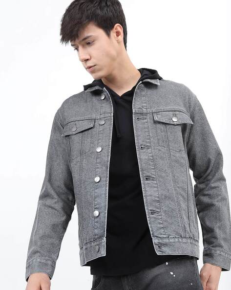 Buy Campus Sutra Men's Light-Washed Blue & Black Regular Fit Denim Jacket  For Winter Wear | Hooded Collar | Full Sleeve | Buttoned | Casual Denim  Jacket For Man | Western Stylish