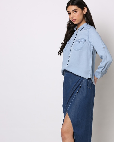 Ruffle Detail Denim Shirt