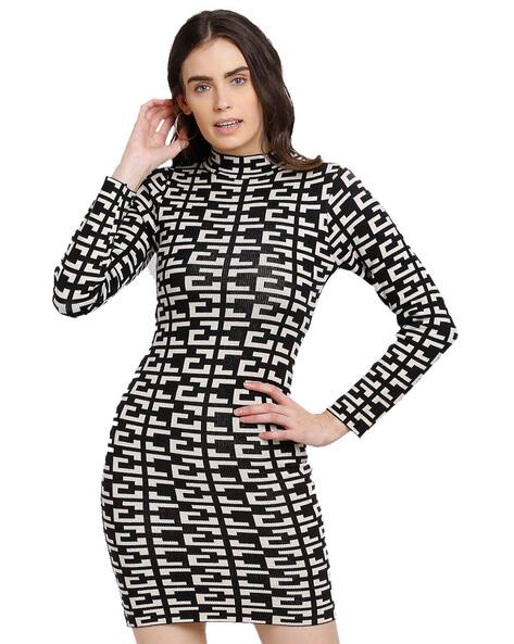 Buy BLACK FULL-SLEEVES HOUNDSTOOTH BODYCON DRESS for Women Online in India