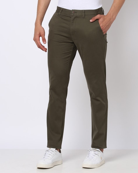 Buy Men Khaki Slim Fit Solid Flat Front Casual Trousers Online