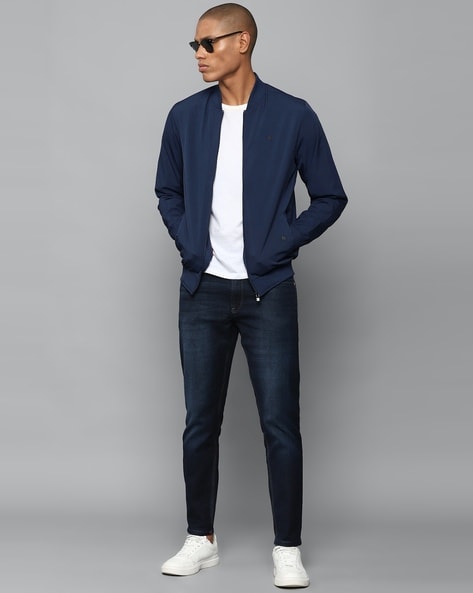 Dark blue bomber outlet jacket outfit