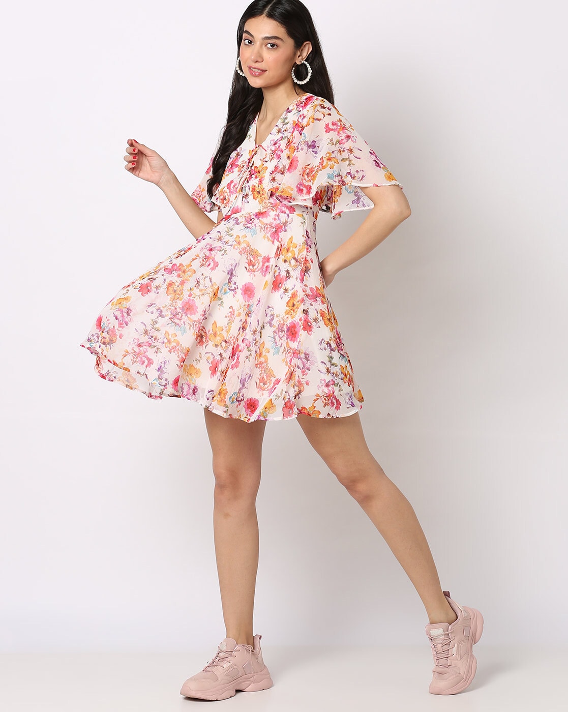 Shop All-Over Floral Print Denim Tiered Shirt Dress Online | Max Oman