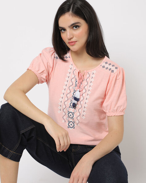 Floral Print Round-Neck Top with Tie-Up