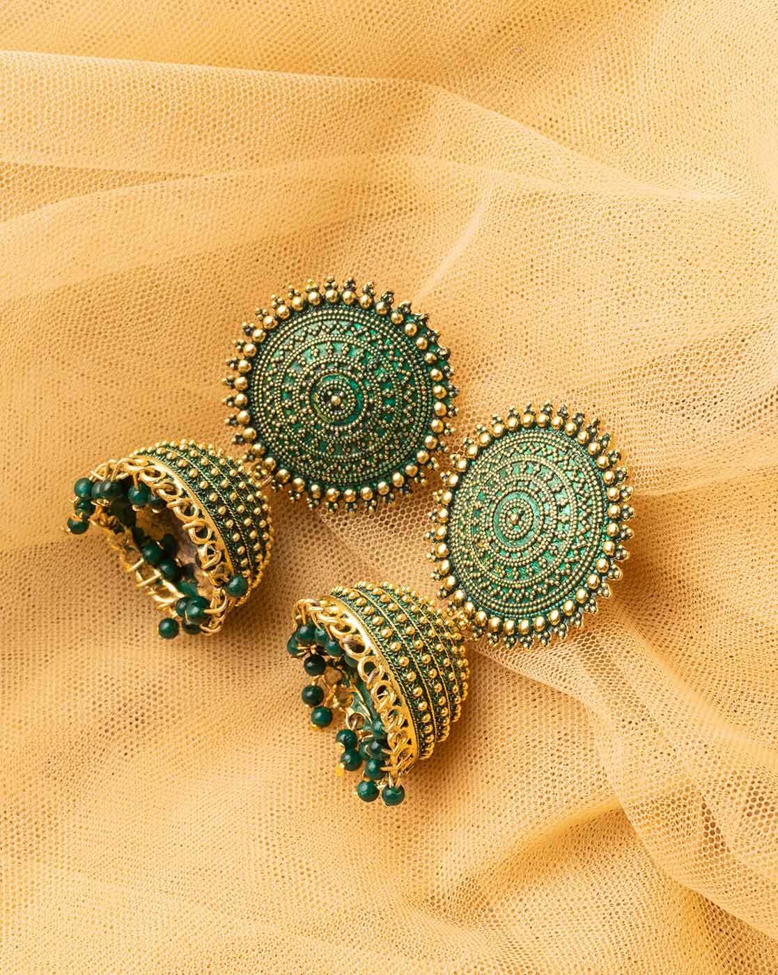 Yaalz Silk Thread 2 Layer Heavy Stone Jhumka Earrings In Parrot Green