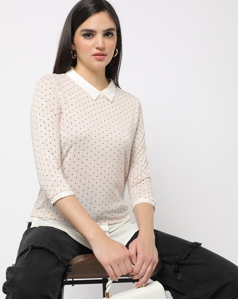 Polka-Dot Print Top with Collar Neck