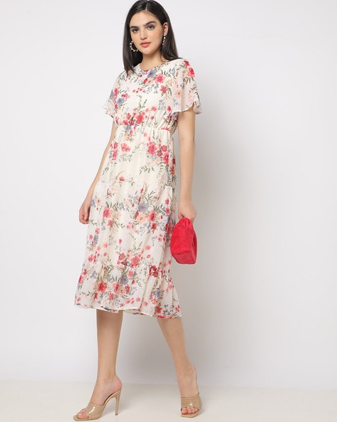 Floral Print Round-Neck Fit & Flare Dress