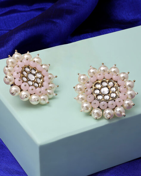 Buy Fabula Oxidised German Silver Baby Pink Stone & Pearls Ethnic Large  Chandbali Earrings Online