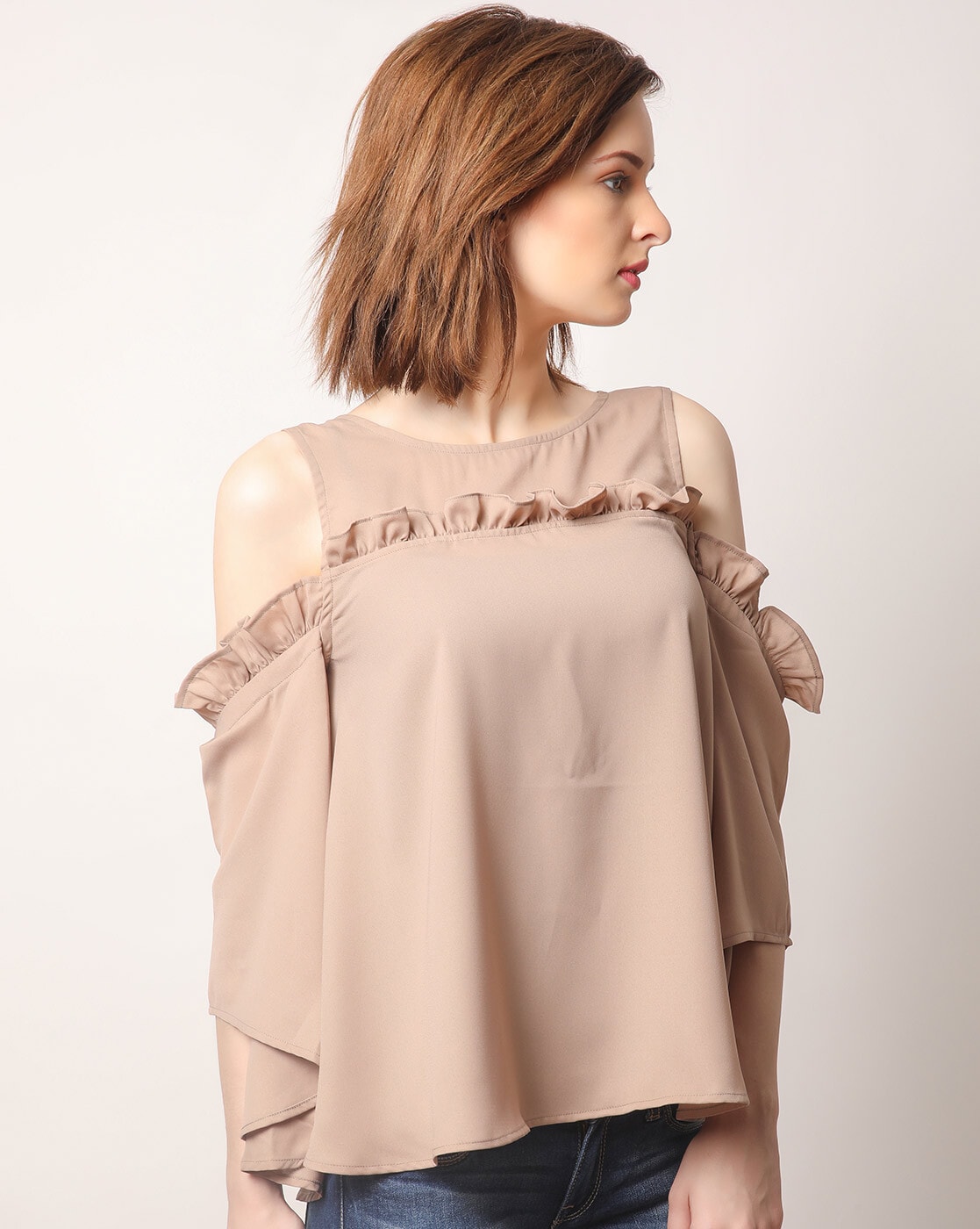 Beige cold shoulder top hot sale