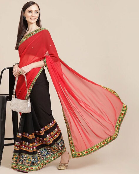 Buy Tikhi Imli Black Net Sequence Embroidered Half-Half Saree with  Unstitched Blouse online