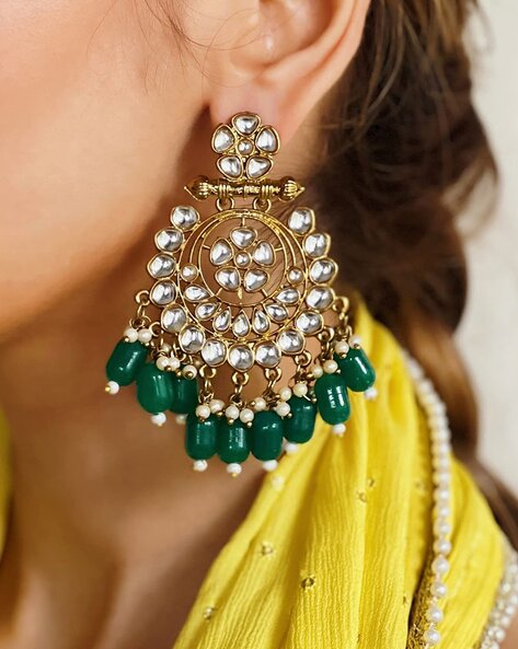 Gold Plated Kundan and Meenakari work ChandBali Jhoomar Earrings Brass with  Hair Chains/Kaan Chain - AQUASTREET - 4086814