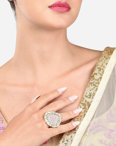 Black Color Enamel Painted Kundan Stone Finger Ring By Zaveri Pearls