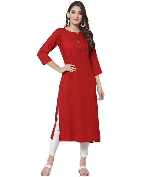 fcity.in - Women Girl Fancy Rayon Anarkali Round Neck Red Kurti With