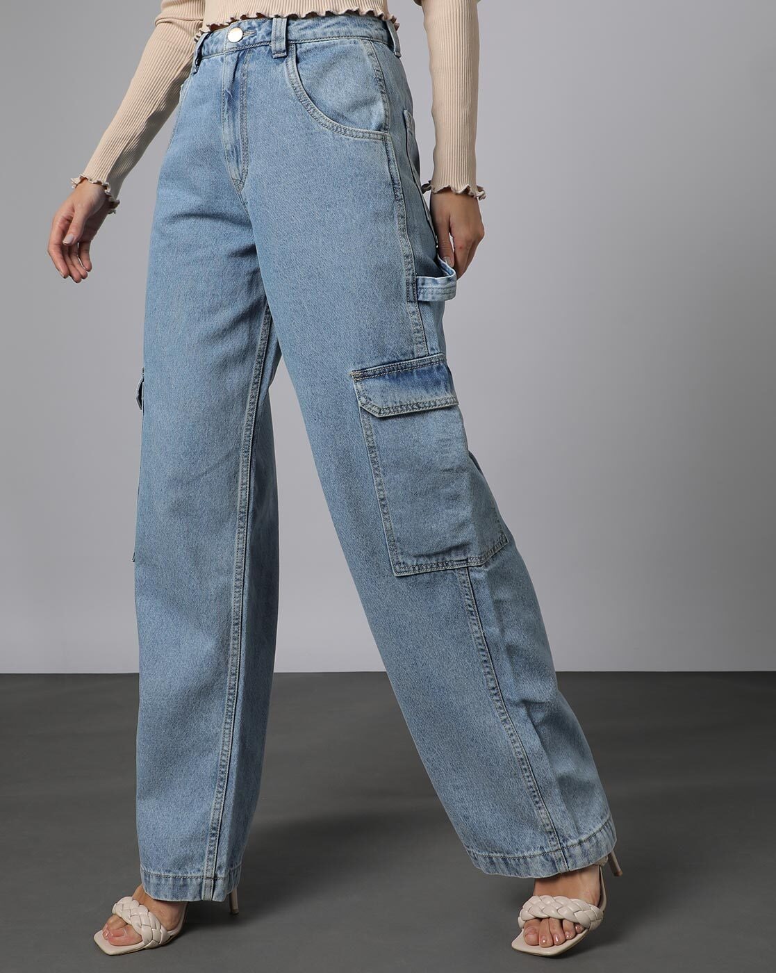 Women Wide-Leg Cargo Denim Jeans