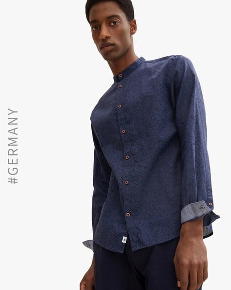 Buy Tom Tailor Leaf Print Shirt with Band Collar Online | Ajio.com