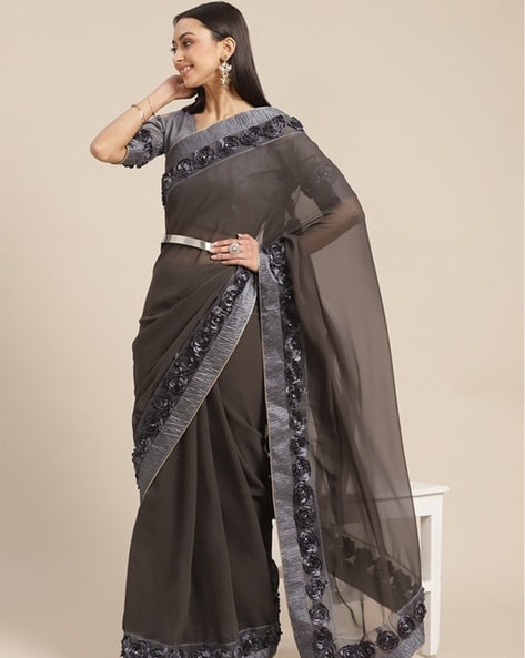 Buy Sukuma Grey with Black Border Saree at Amazon.in