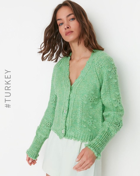 mint green knitted cardigan