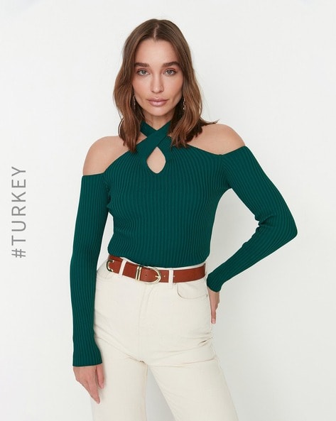 Emerald Ribbed Halter Cropped Tank