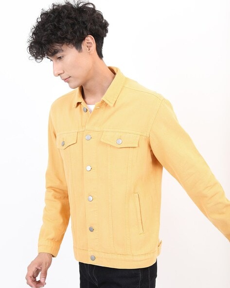 Full Sleeve Casual Wear Skupar Yellow Men Denim Jacket With Fur at Rs 600  in Noida