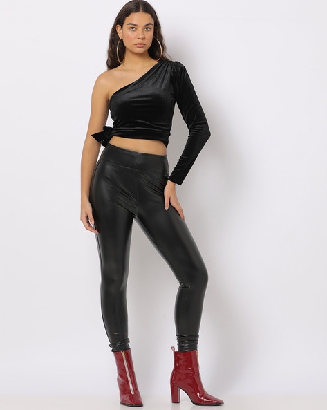 Buy Black Faux Leather Leggings for Women High Waisted Stretch Butt Lift  Fleece Lined Pleather Pants, Obsidian Black, M at Amazon.in