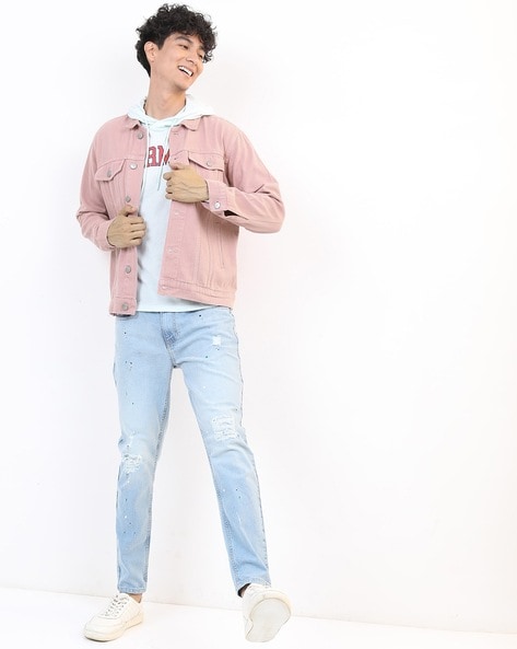 Men's Pink Bomber Jacket, White Crew-neck T-shirt, Pink Jeans, White Low  Top Sneakers | Lookastic