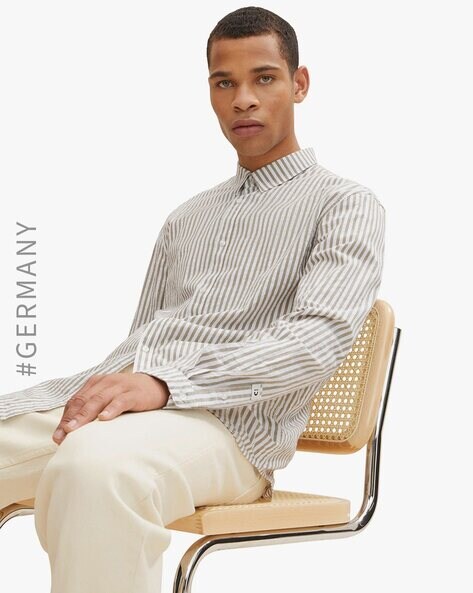 olive green and white striped shirt