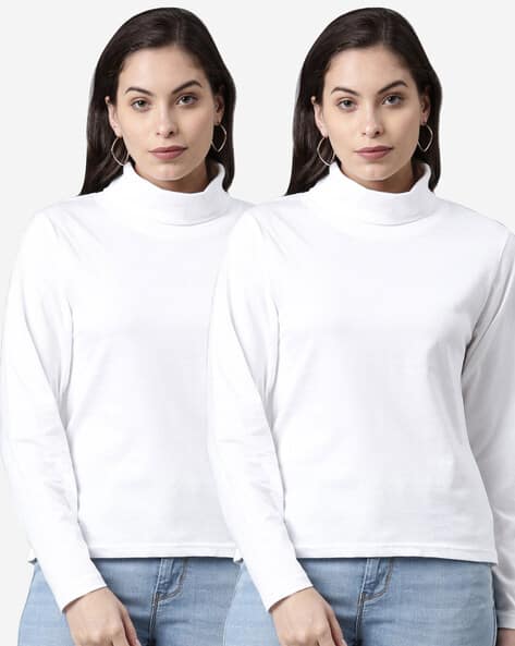 High Neck White Woolen T Shirt Tokito High Neck Fluffy Knit Top In