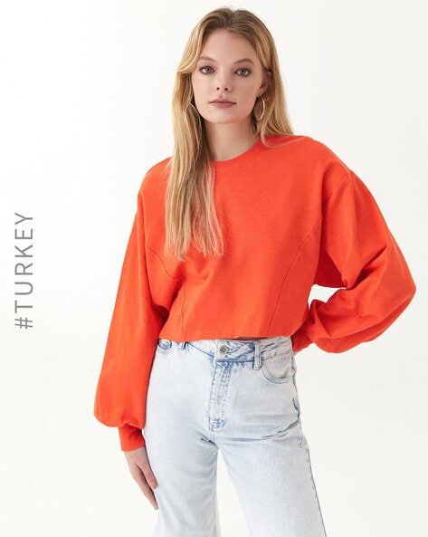 Women Orange Rib Round Neck Full Sleeves Crop Sweater