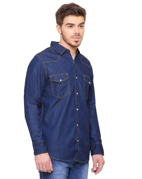 Buy Online|Spykar Men Dark Blue Cotton Regular Slim Fit Full Sleeve Denim  Shirt