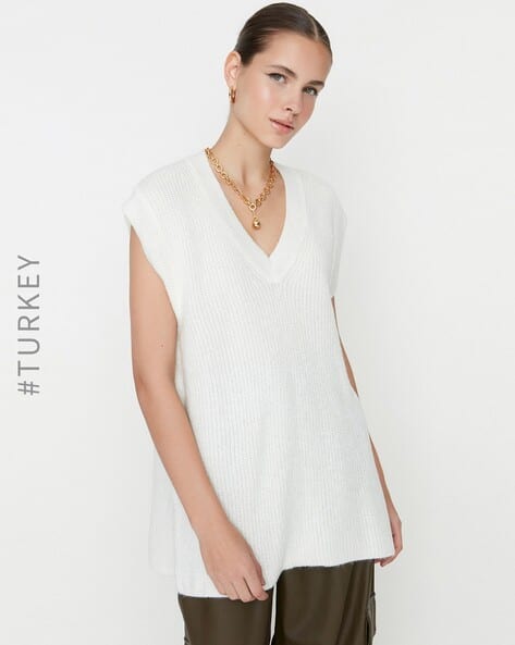 Sleeveless Sweater Tops For Women Women's V-Neck Sweater Vest - Ribbed Knit Sleeveless  Pullover (60% Cotton/40% Acrylic) Hot Summer Nights トレーナーSleeveless V-neck Fitted Pulloverレディース