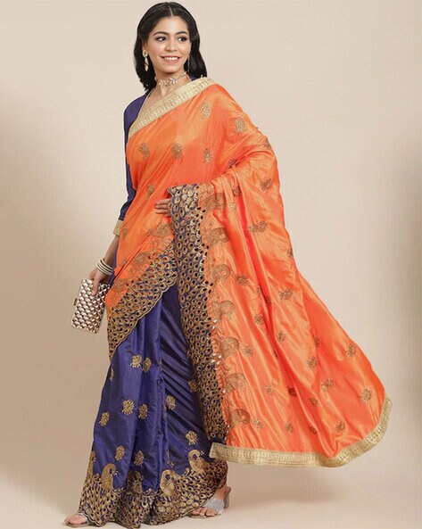 Blue Cheched Gadwal Silk Saree With Orange Border