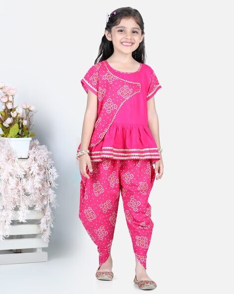 Ahhaaaa Kids Ethnic Cotton Jaipuri Print Frock Style Kurti with Frill  Sleeves and Dhoti Style Salwar for Baby Girls - Walmart.com