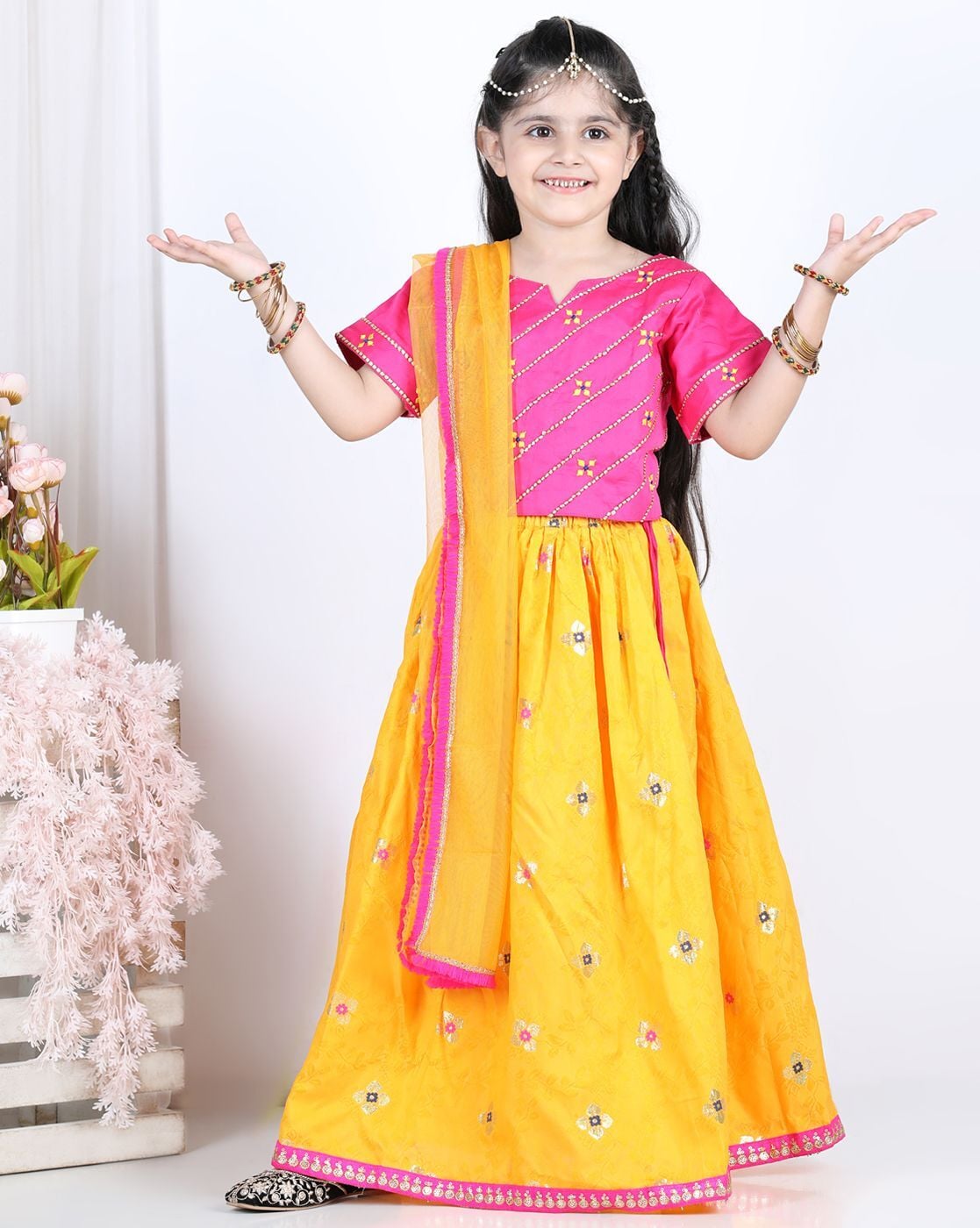 Kids Lehenga: Girls Aqua Blue Tassel Top With Yellow Gota Lehenga | Perfect  Panache