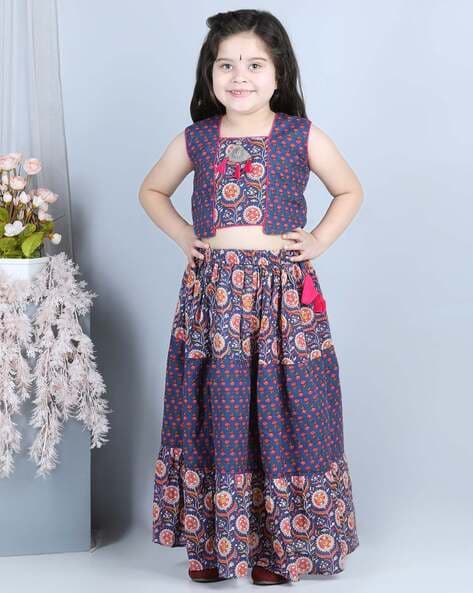 Buy Peach Cotton Printed Floral Motifs Lehenga Set For Girls by FAYON KIDS  Online at Aza Fashions.