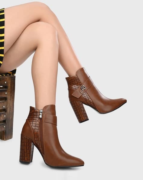 Croc-Embossed Pointed-Toe Ankle-Length Boots