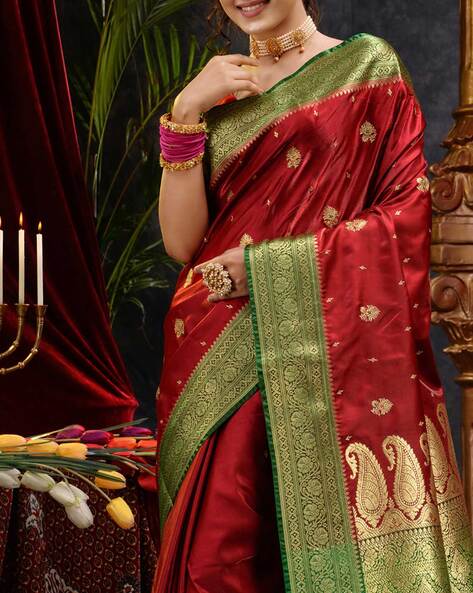 Embroidered Art Silk Saree in Green and Maroon : SPF7995