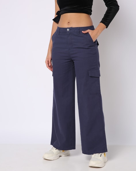 Buy Navy Blue Color Cotton Trousers for Women  Regular Fit Cotton  Naariy